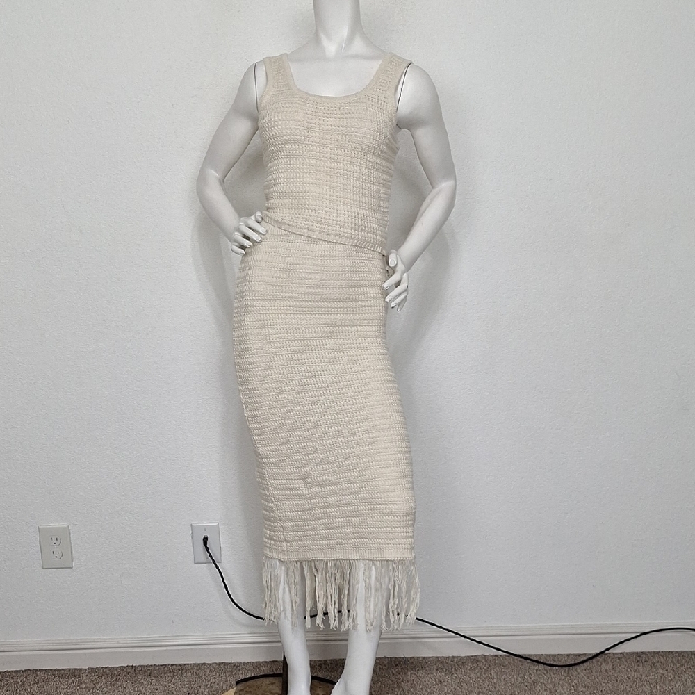 Freshman 1996 "NEW" Cream Boho Knit Top & Fringe Midi Skirt Two Piece Set Size S